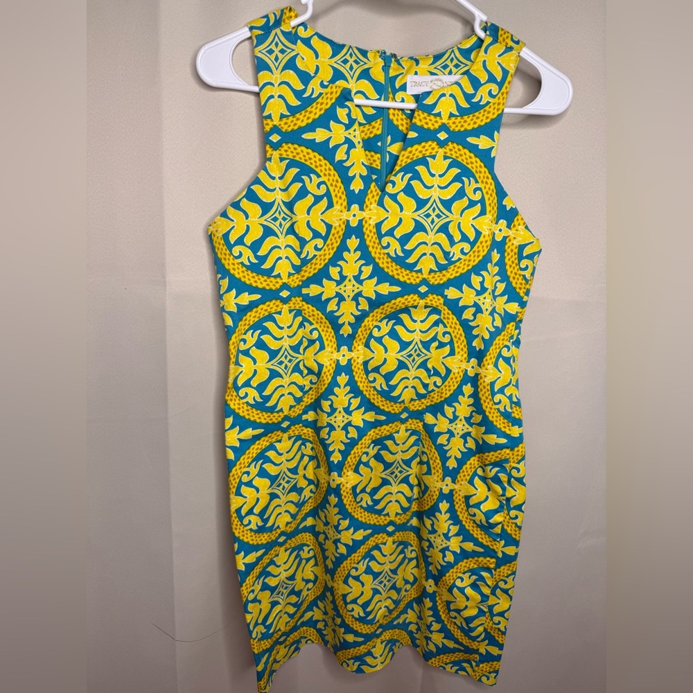 Tracy Negoshian Yellow and Blue Patterned Dress